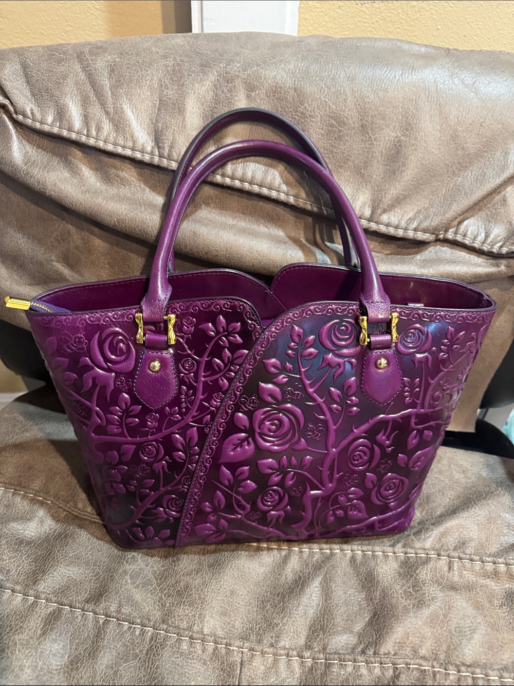 Pujushi Embossed Floral Purple Tote Bag with Gold Accents.